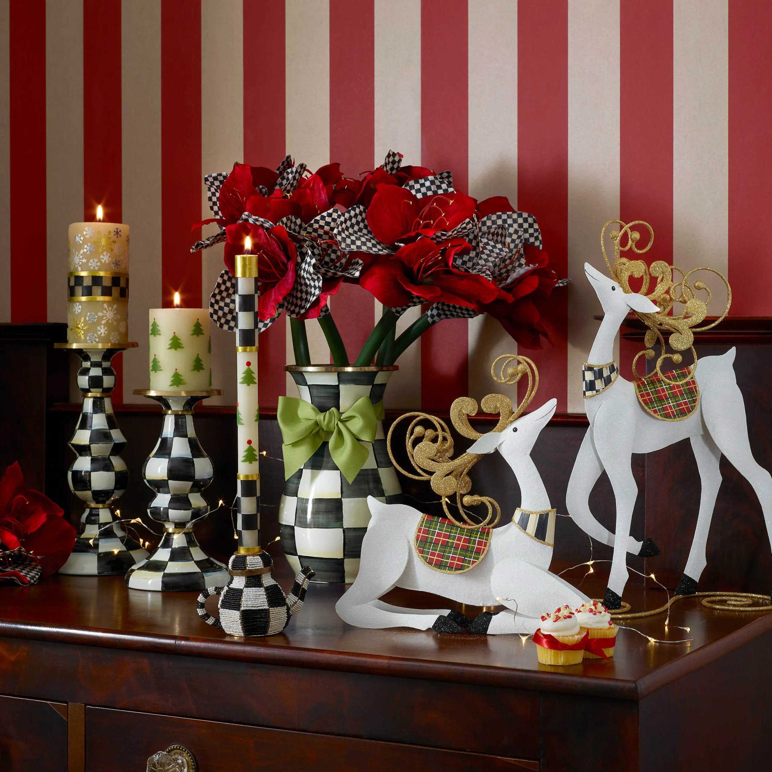 Christmas Tree Dinner Candles - Check Bands - Set Of 2|MacKenzie-Childs