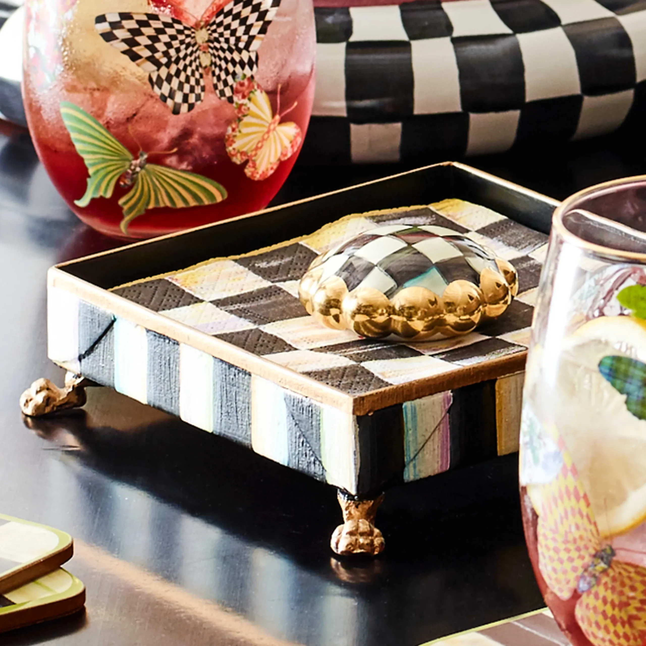 Courtly Check Cocktail Napkin Holder Set - Gold|MacKenzie-Childs Discount