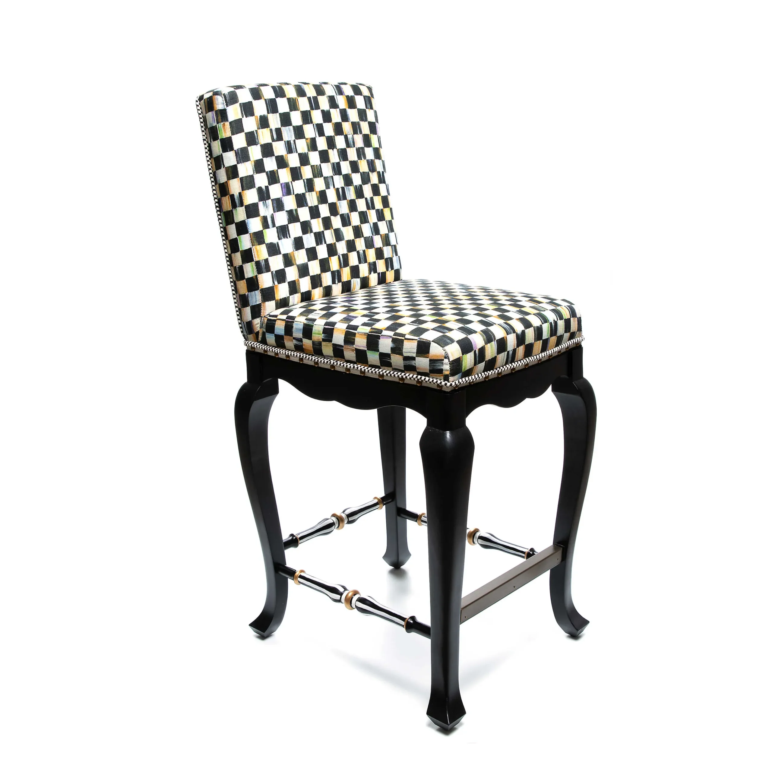 Courtly Check Counter Stool With Back - Black|MacKenzie-Childs Online