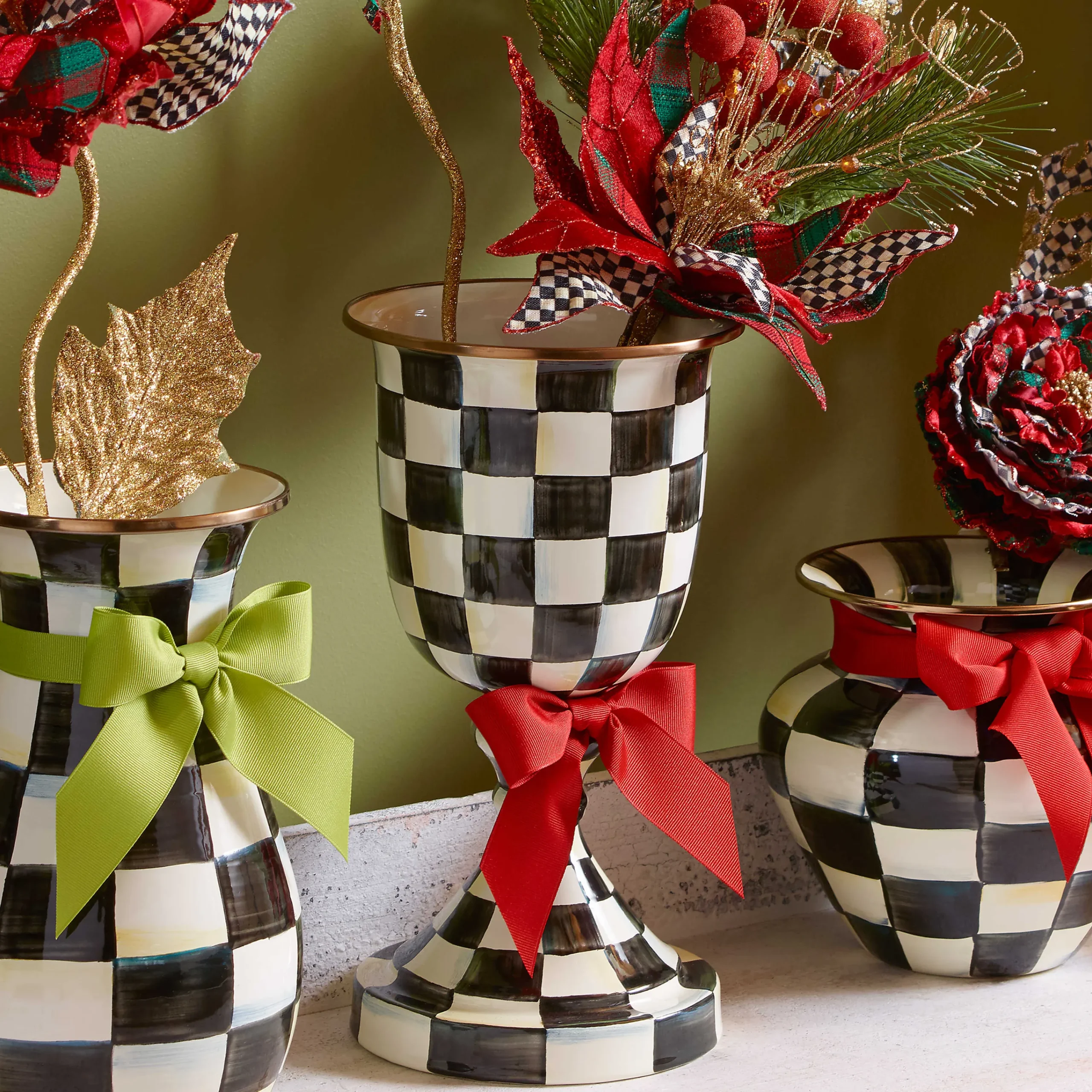 Courtly Check Enamel Pedestal Vase - Red Bow|MacKenzie-Childs