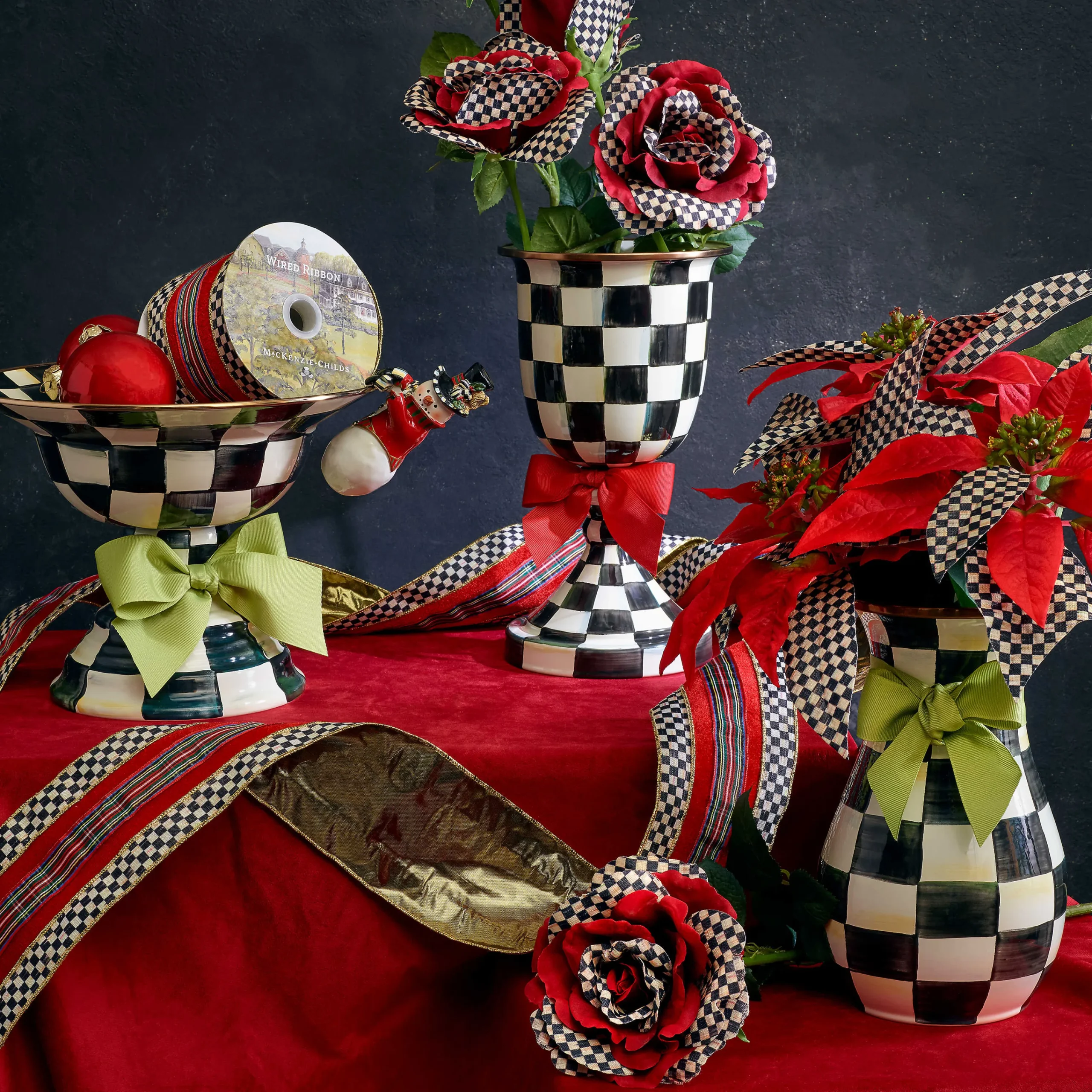Courtly Check Enamel Pedestal Vase - Red Bow|MacKenzie-Childs