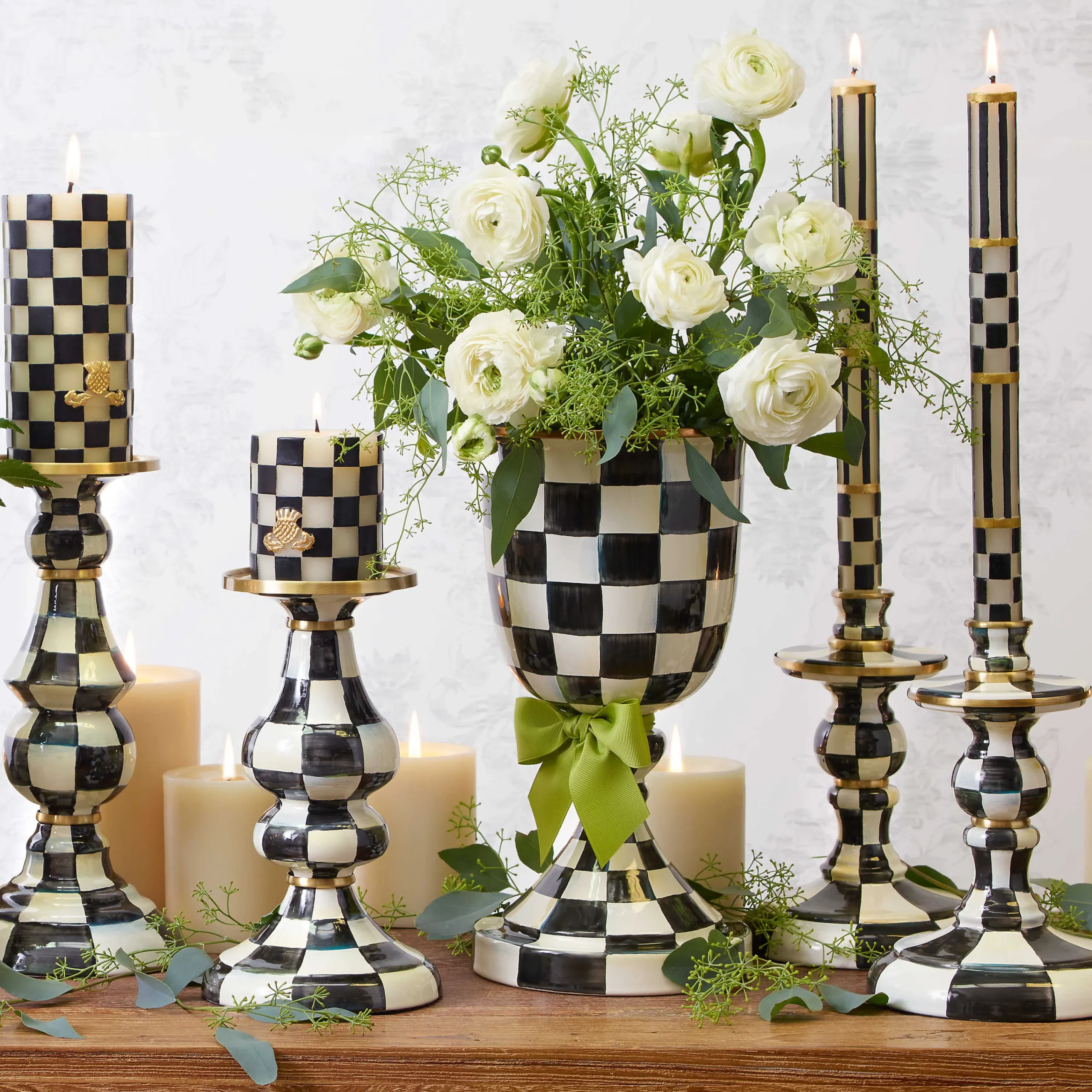 Courtly Check Enamel Pedestal Vase - Green Bow|MacKenzie-Childs
