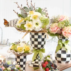 Courtly Check Enamel Pedestal Vase - Green Bow|MacKenzie-Childs