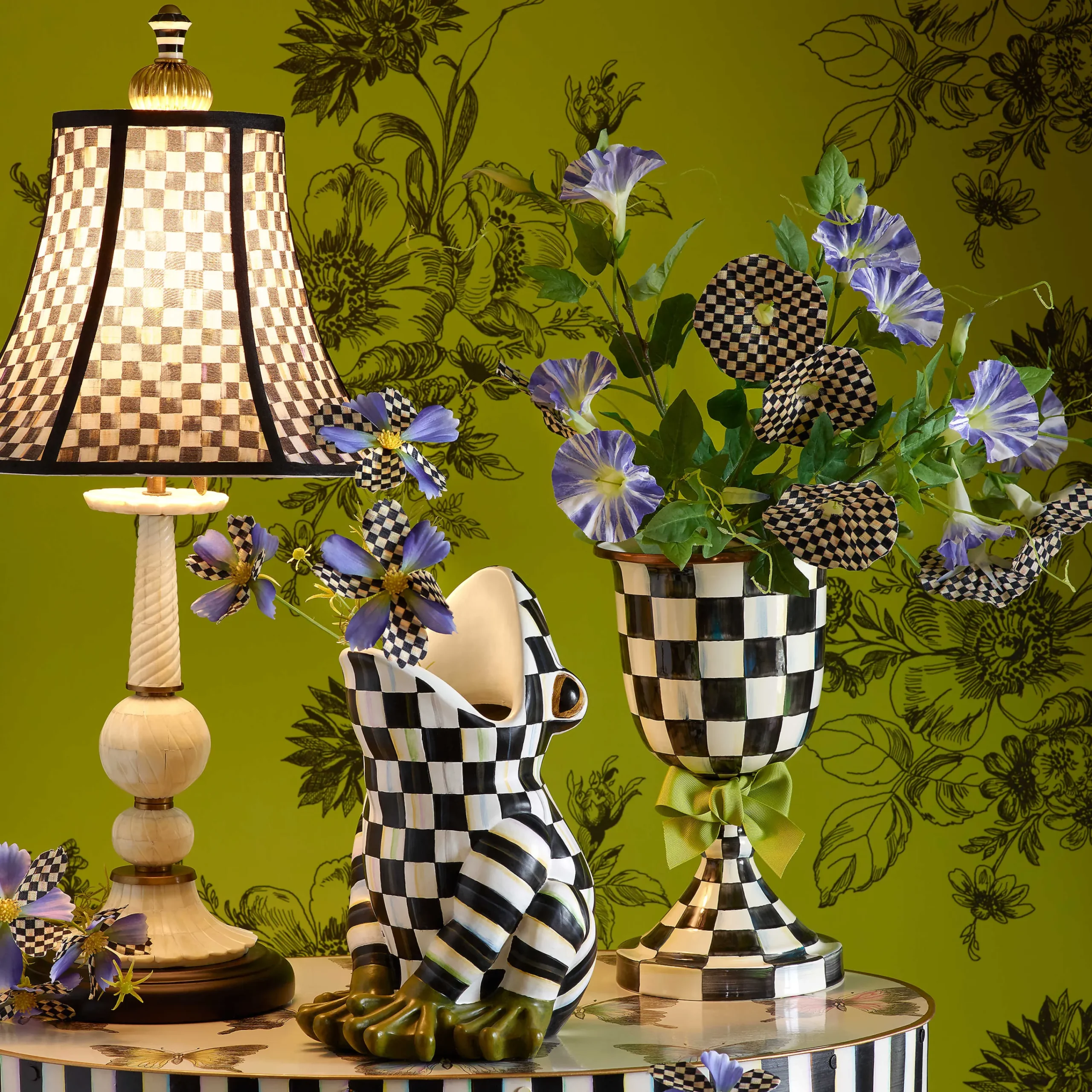 Courtly Check Enamel Pedestal Vase - Green Bow|MacKenzie-Childs
