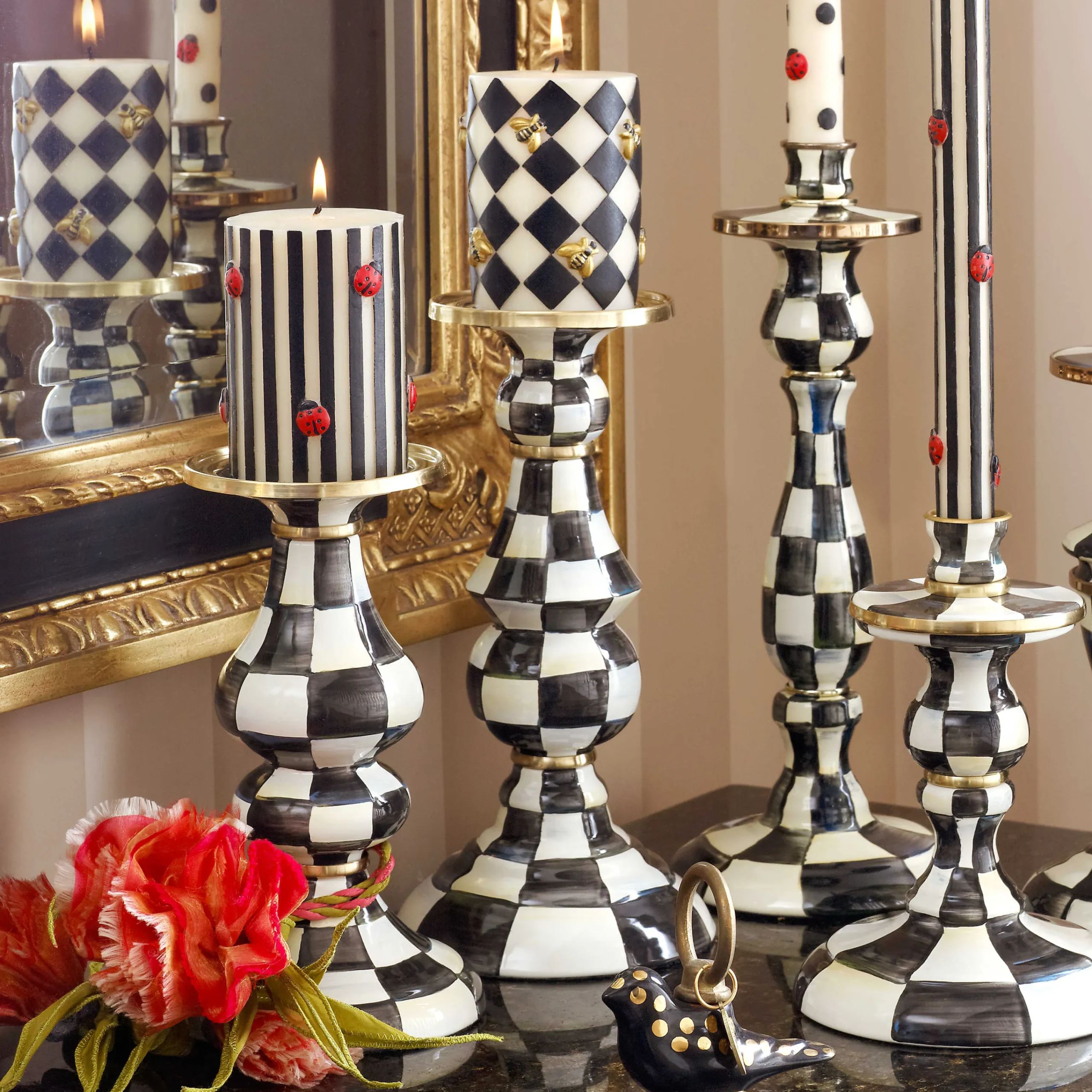 Courtly Check Enamel Pillar Candlestick - Medium|MacKenzie-Childs Discount