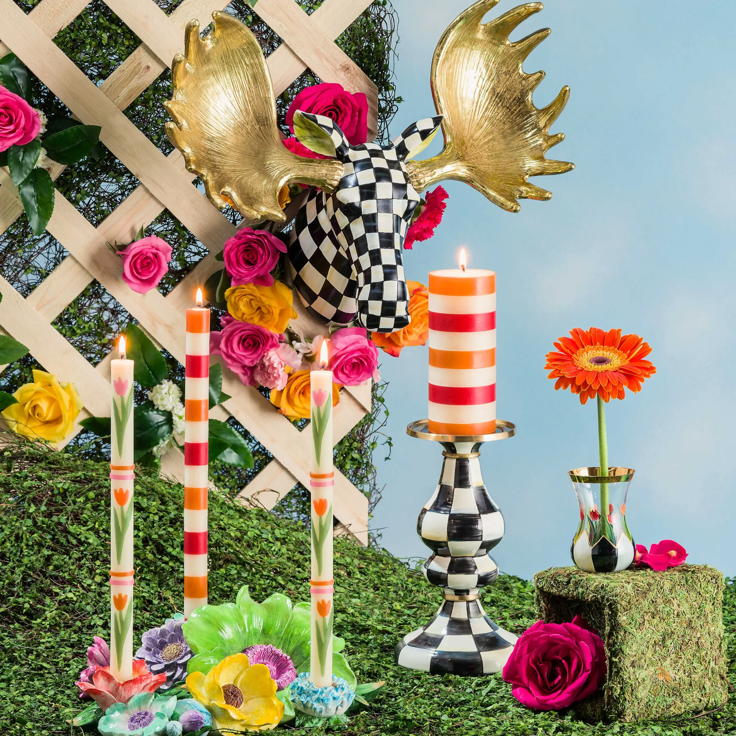 Courtly Check Enamel Pillar Candlestick - Medium|MacKenzie-Childs Discount
