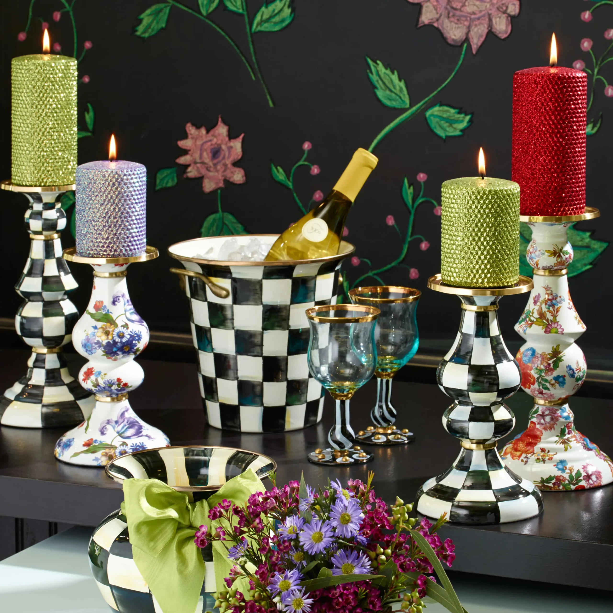 Courtly Check Enamel Pillar Candlestick - Large|MacKenzie-Childs Hot