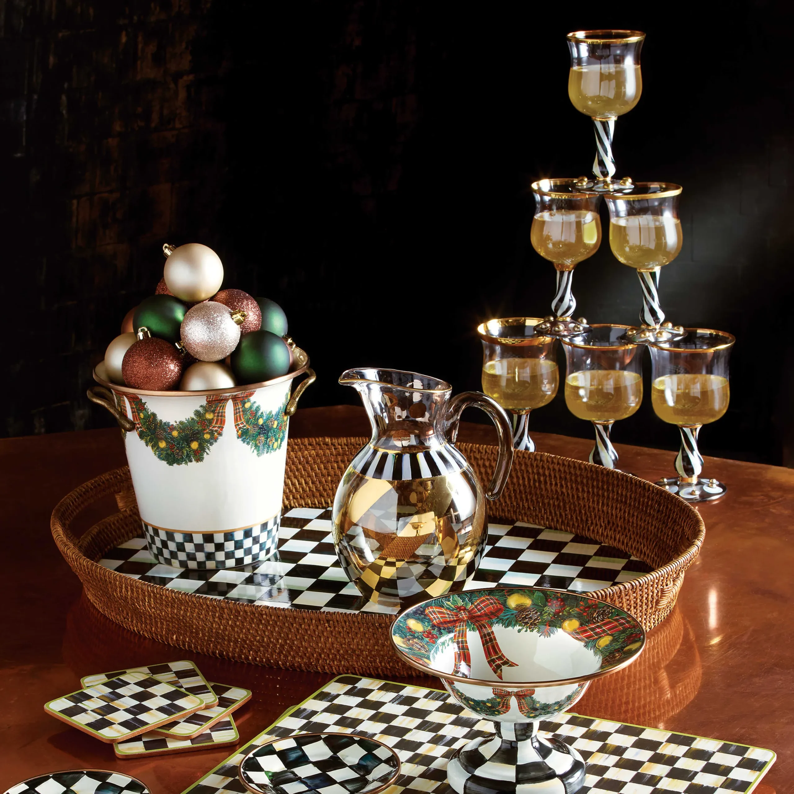 Courtly Check Rattan & Enamel Party Tray|MacKenzie-Childs Clearance