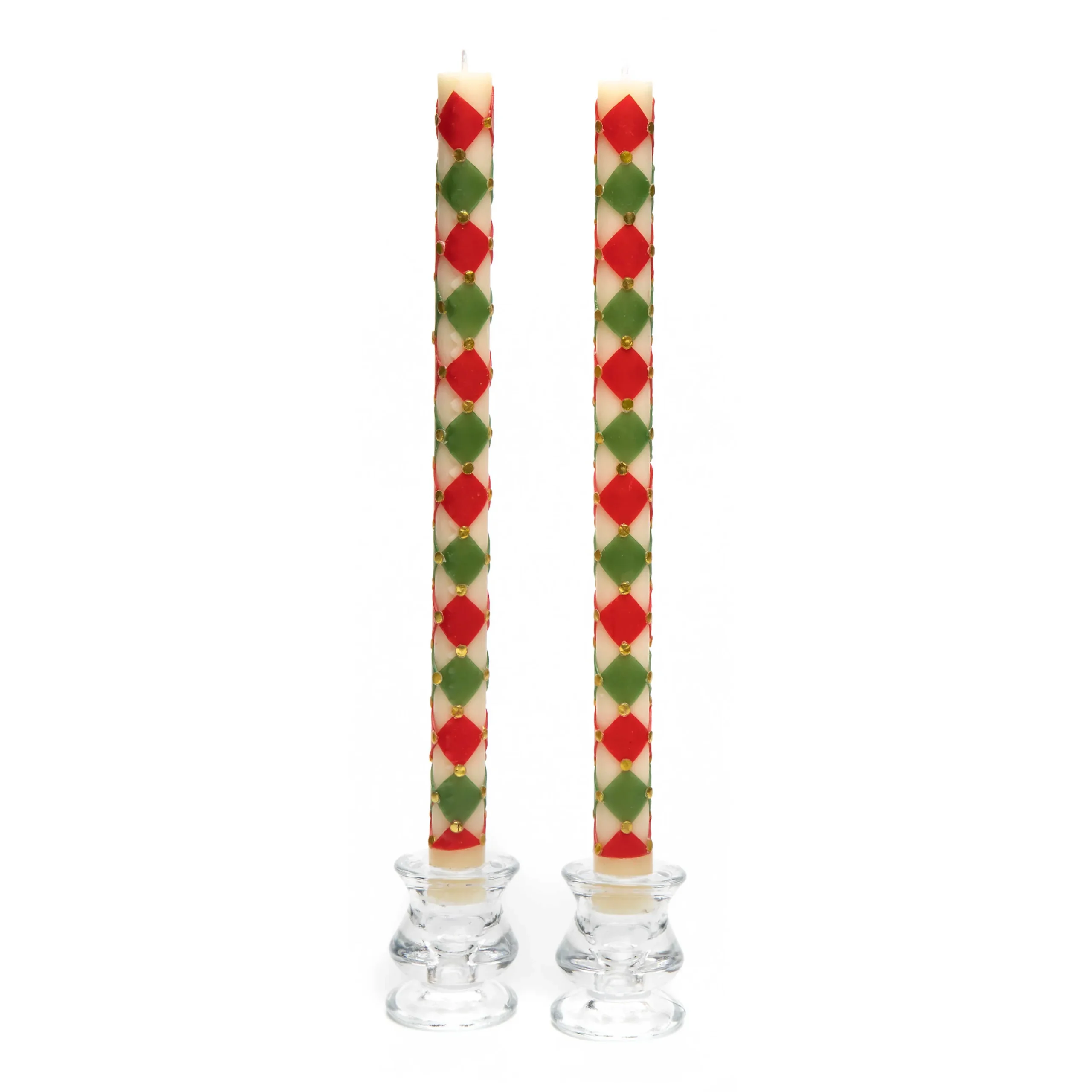 Harlequin Dot Dinner Candles - Red, Green, & Gold - Set Of 2|MacKenzie-Childs Clearance