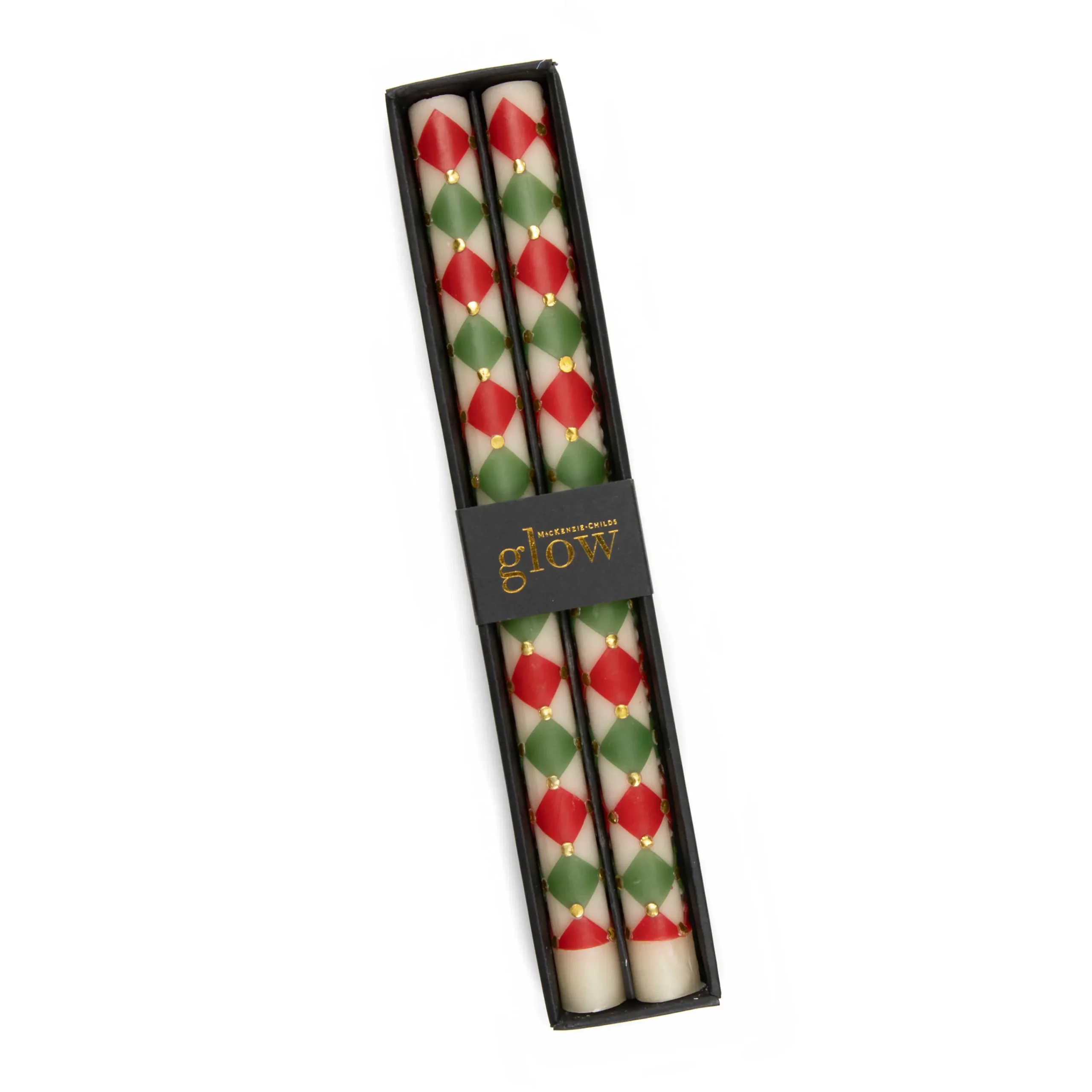 Harlequin Dot Dinner Candles - Red, Green, & Gold - Set Of 2|MacKenzie-Childs Clearance