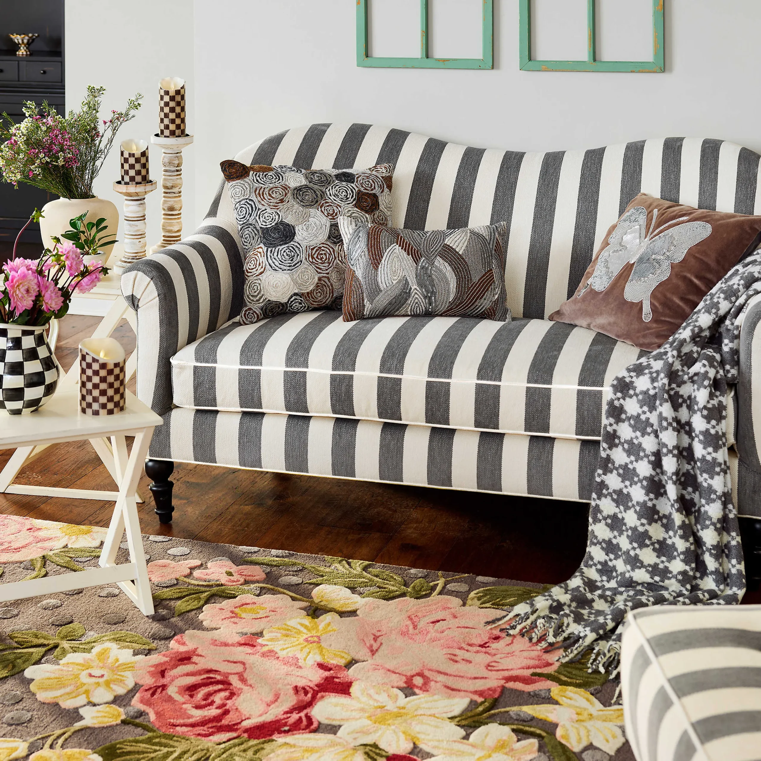 Marquee Loveseat - Chenille Grey Stripe|MacKenzie-Childs Clearance