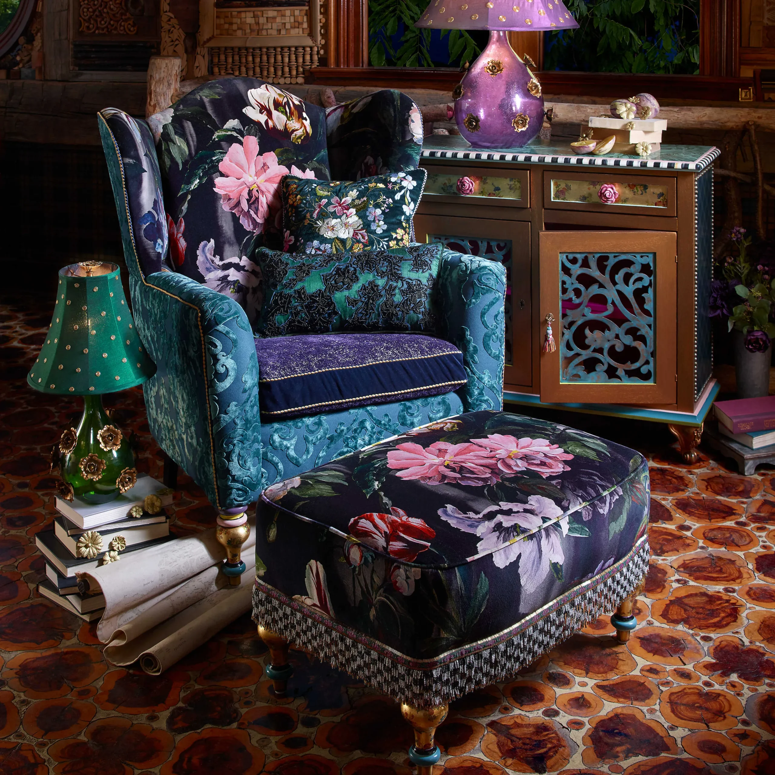 Moonlight Garden Rumor Has It Ottoman|MacKenzie-Childs Best