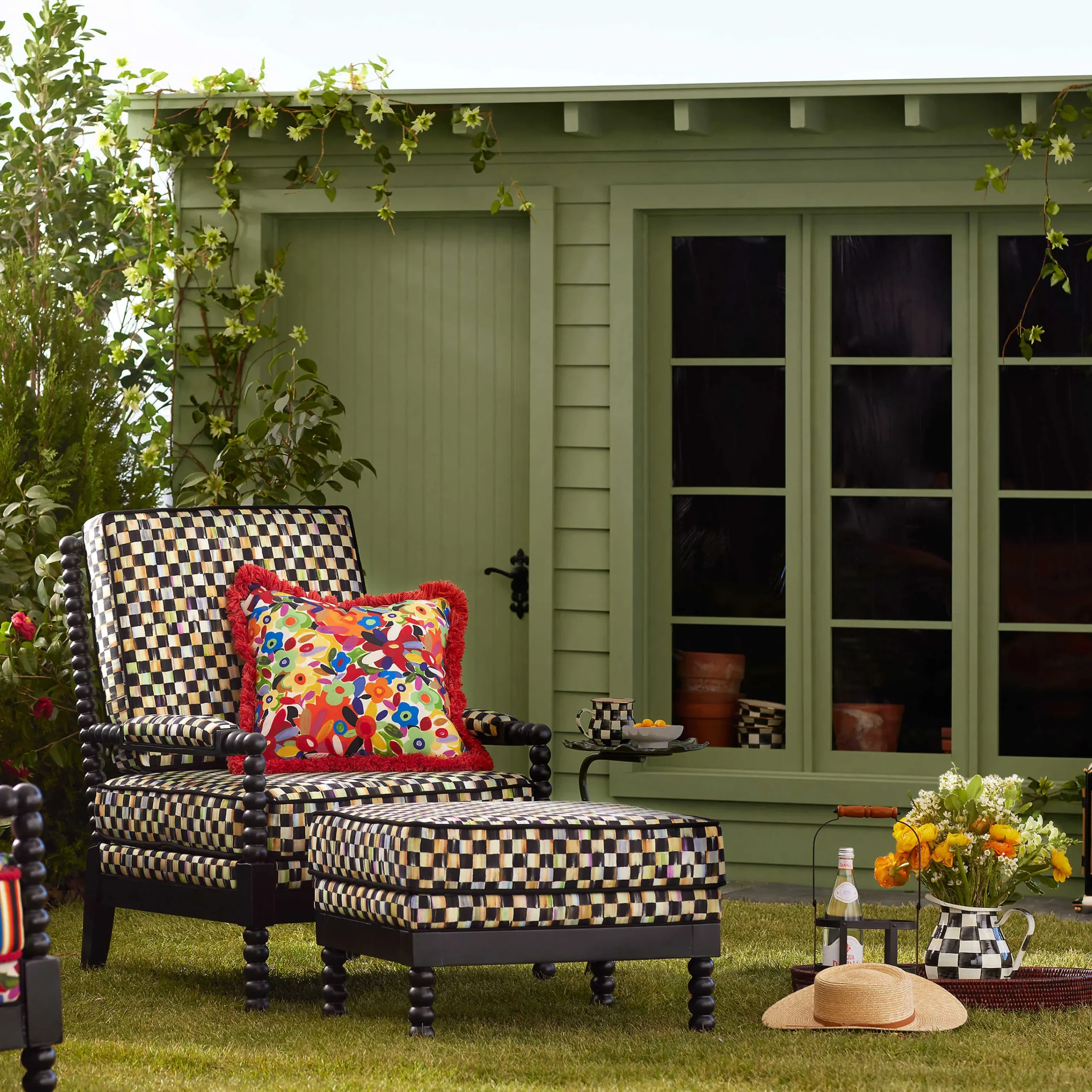 Spindle Check Outdoor Ottoman|MacKenzie-Childs Sale
