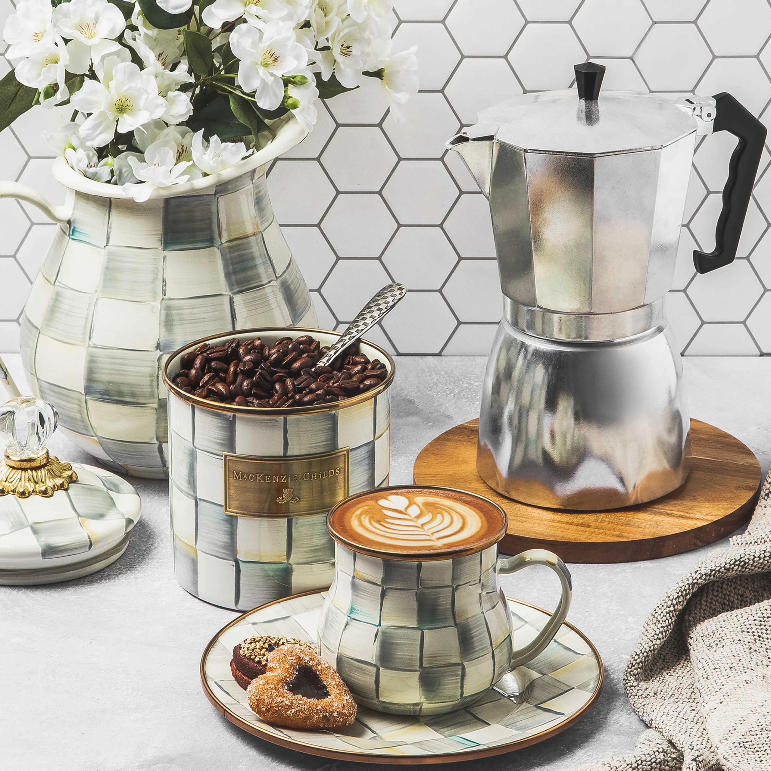 Sterling Check Enamel Mug|MacKenzie-Childs Outlet