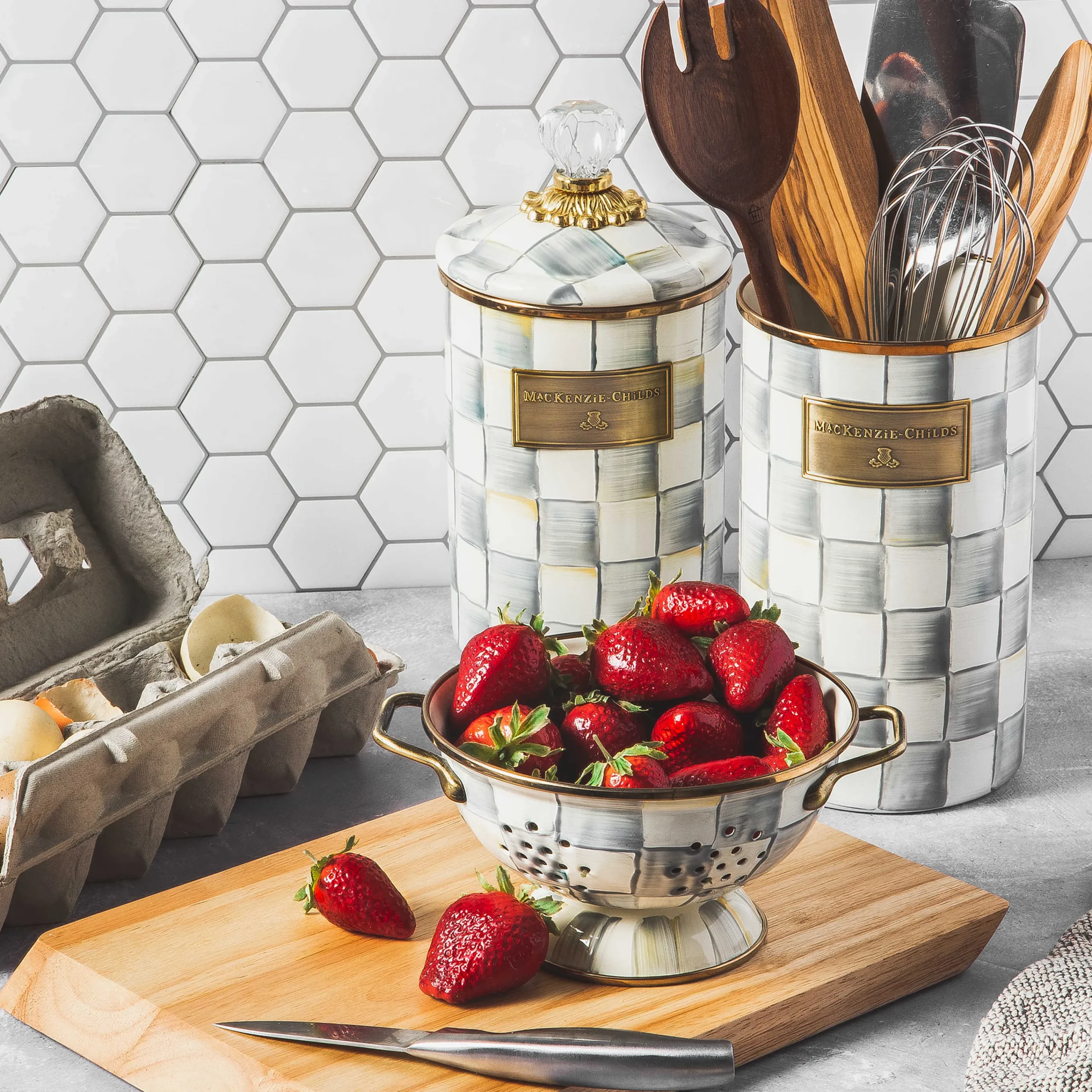 Sterling Check Enamel Utensil Holder|MacKenzie-Childs