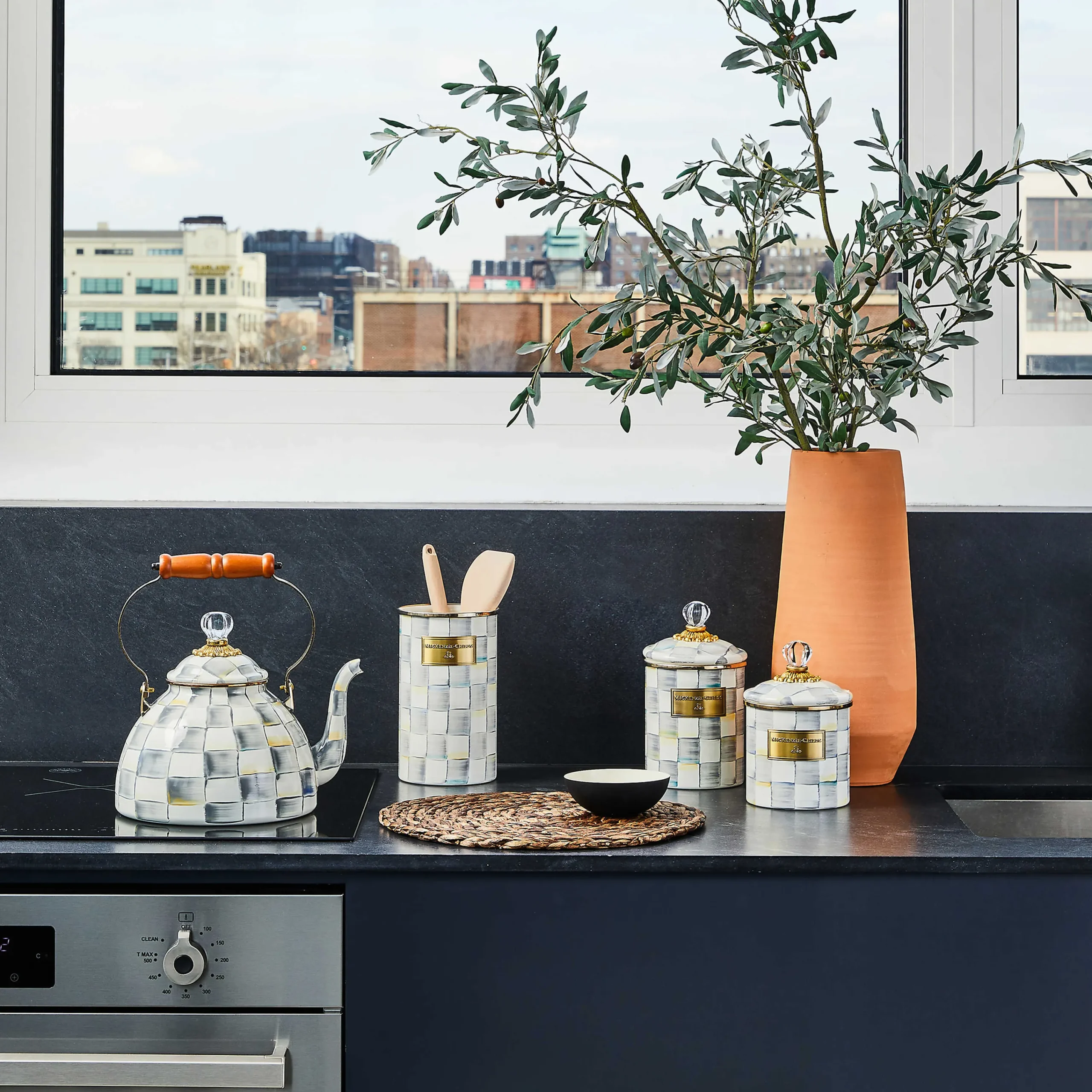Sterling Check Enamel Utensil Holder|MacKenzie-Childs