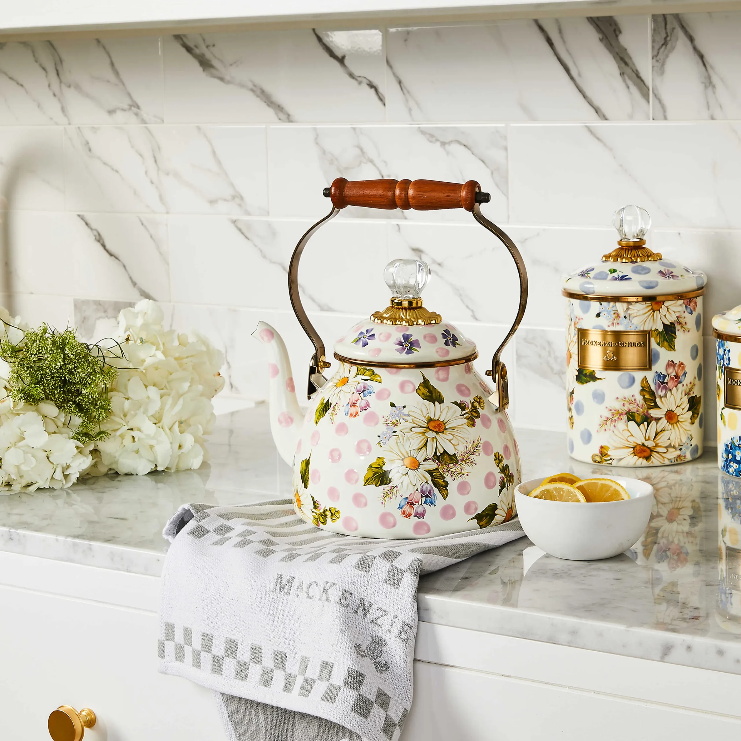 Wildflowers Enamel 2 Qt Tea Kettle - Pink|MacKenzie-Childs Sale